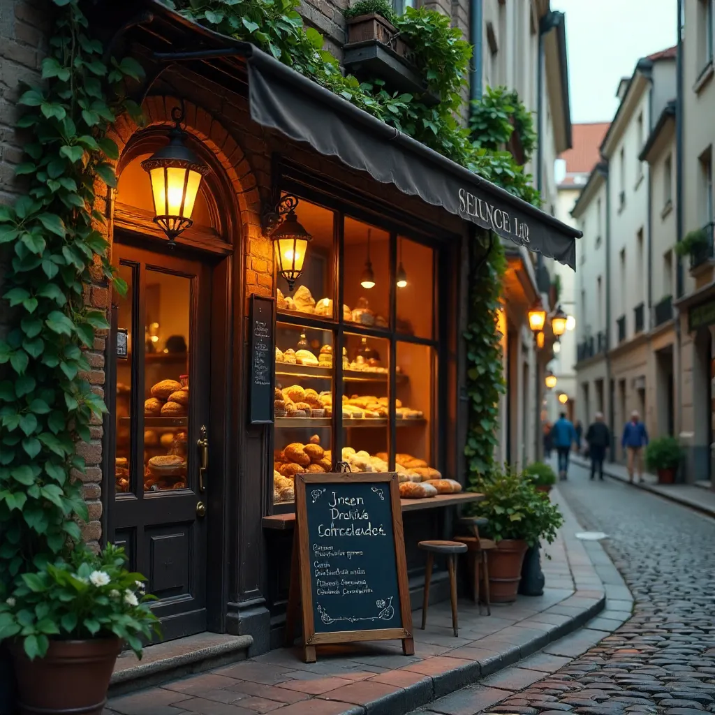 Cozy French Bakery at Dusk with Ivy and Warm Glow