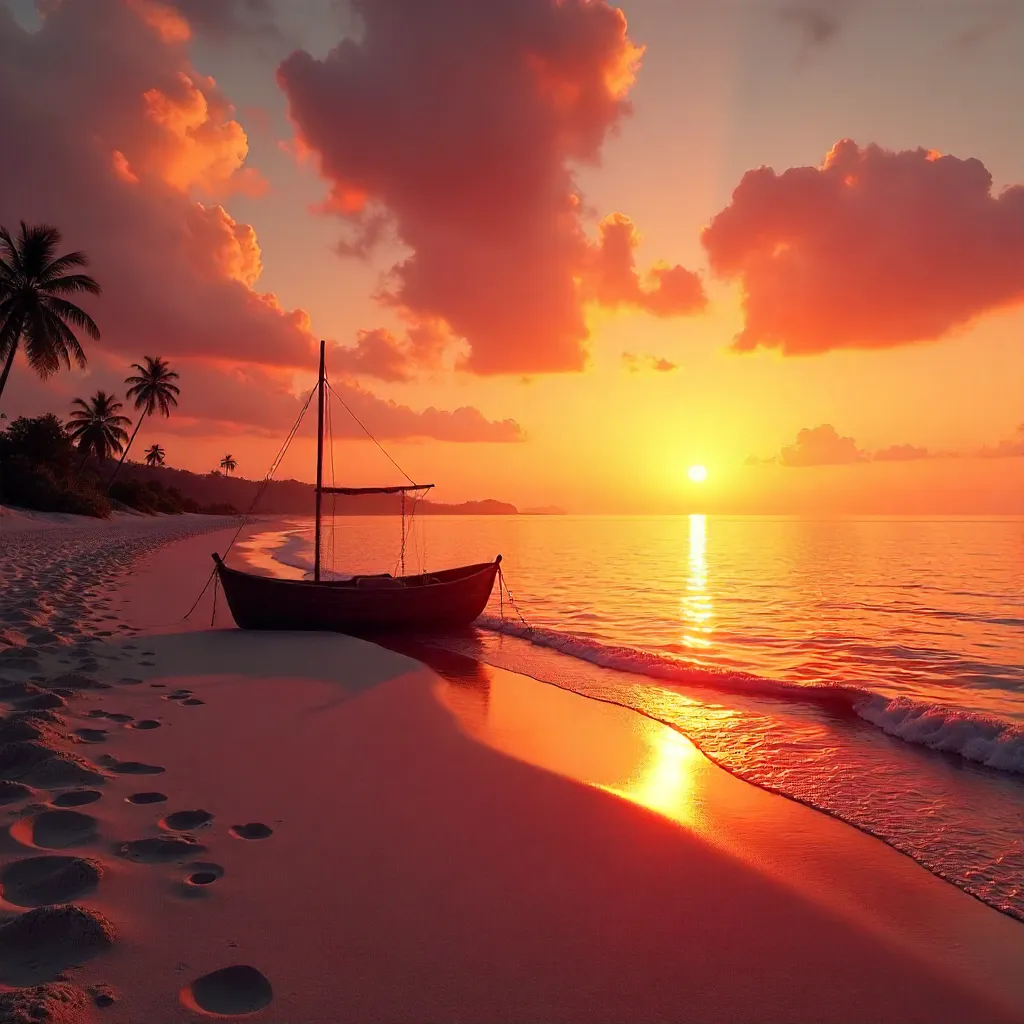 Silhouetted Boat at Sunset over a Peaceful Beach