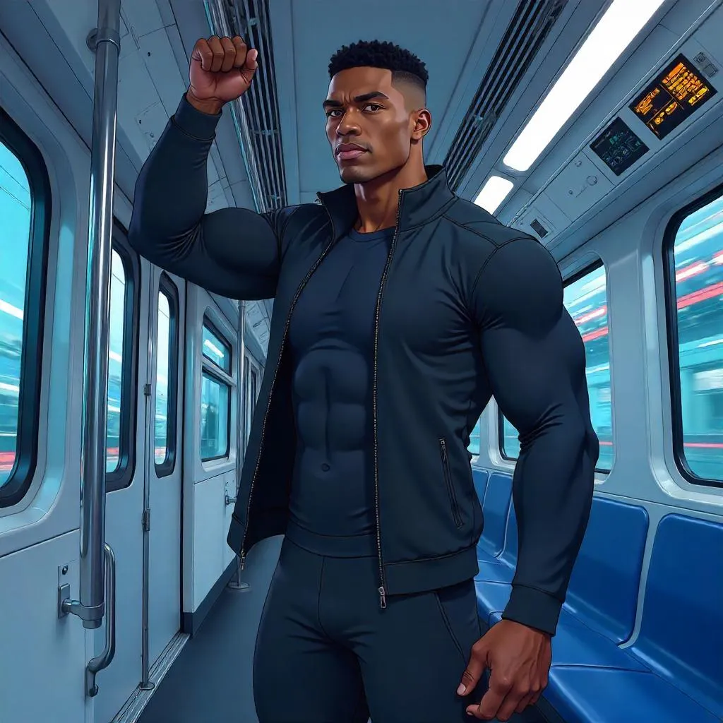 Athletic Black Man on a High-Speed Anime Train