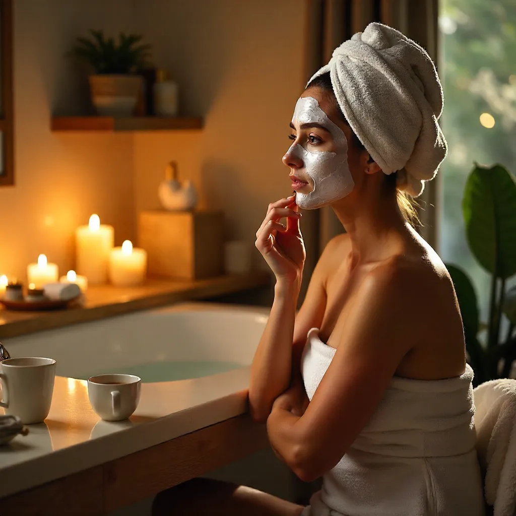 Cozy towel-skincare ritual by candlelight
