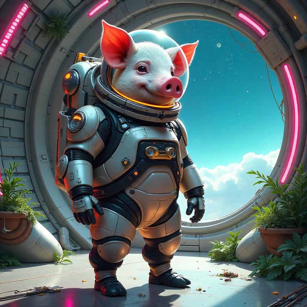 Pig Pilot in a Neon Space Colony