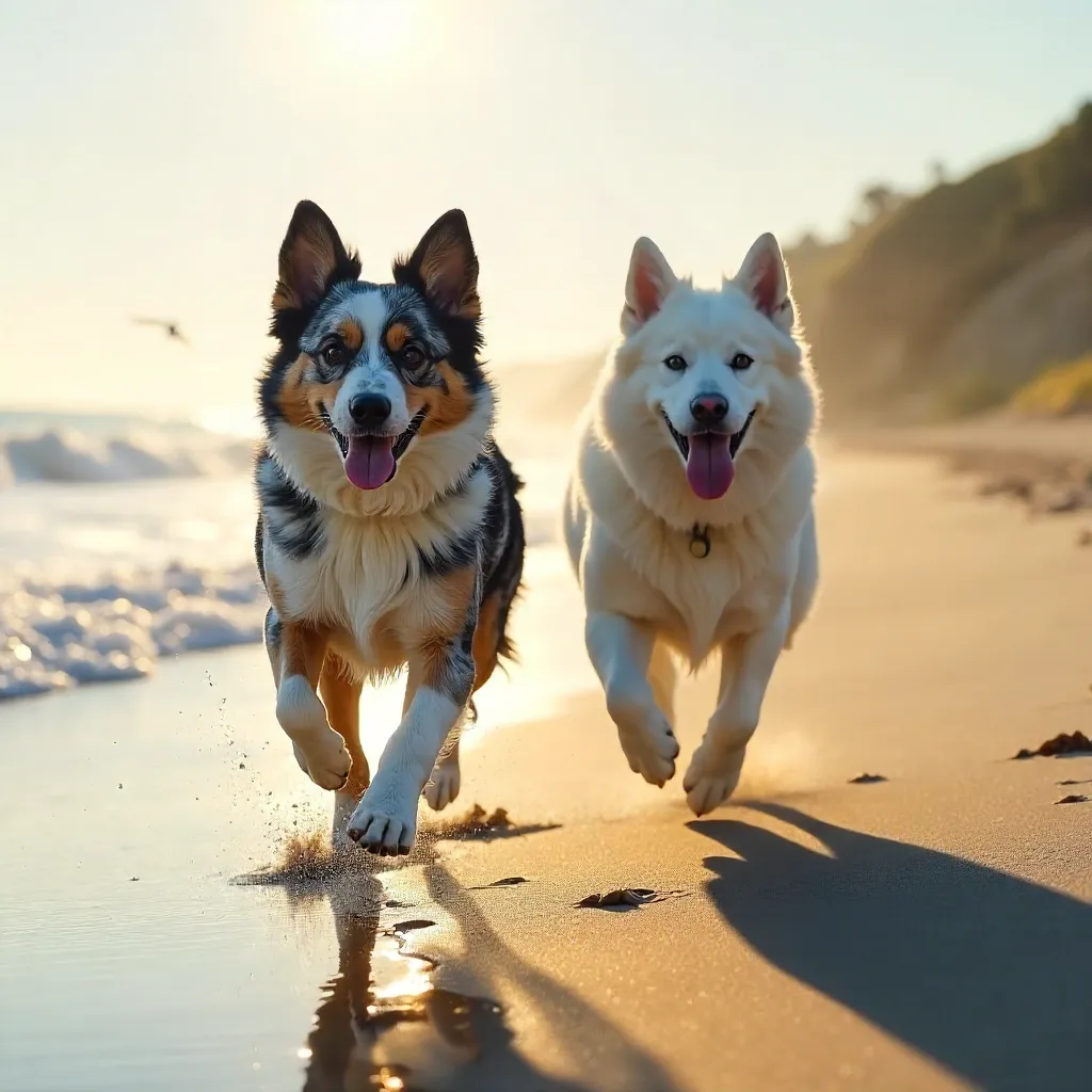 Joyful Beach Sprint: Australian Shepherd and Samoyed