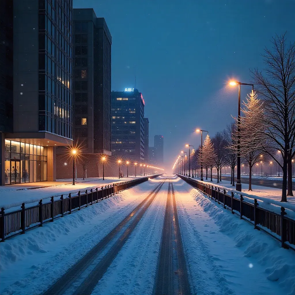 Serene Snowy Night on Astana Modern Street