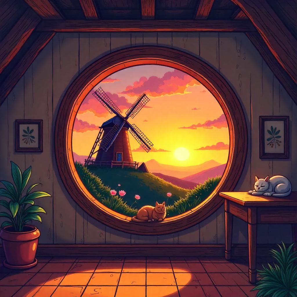 Sunset in a Cozy Windmill - Cartoon Style