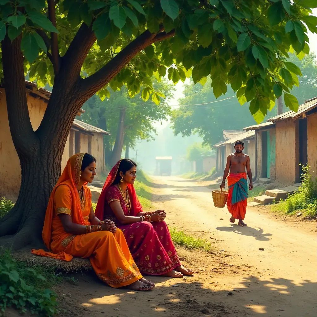 Women in Vibrant Traditional Attire Rest Under a Tree as a Worker Passes