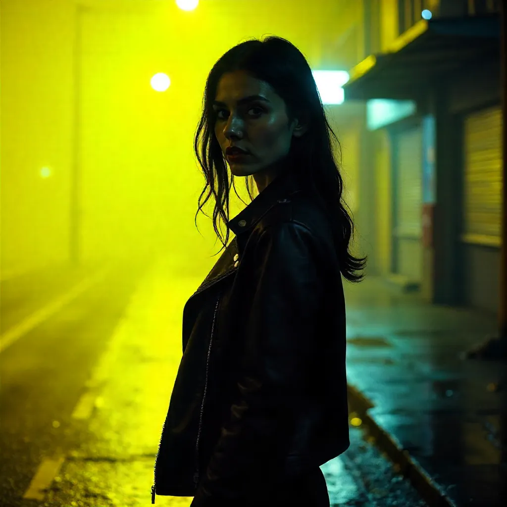 Mystery in Yellow: Woman in Leather at Night