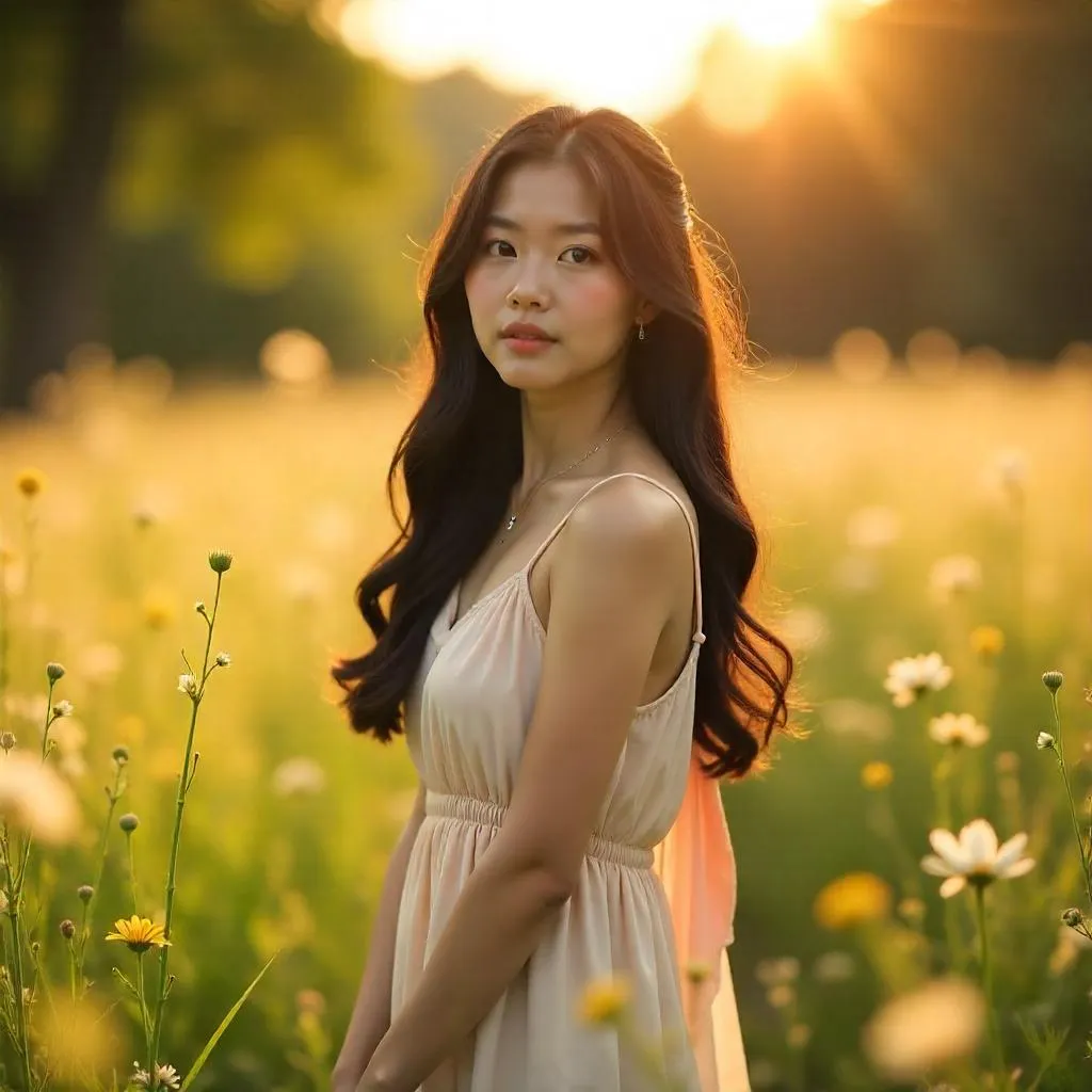Photorealistic Meadow Portrait of a Young Asian Woman