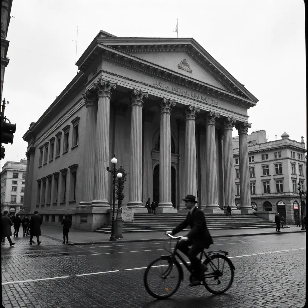 Urban Neoclassical Street: Black-and-White Photo