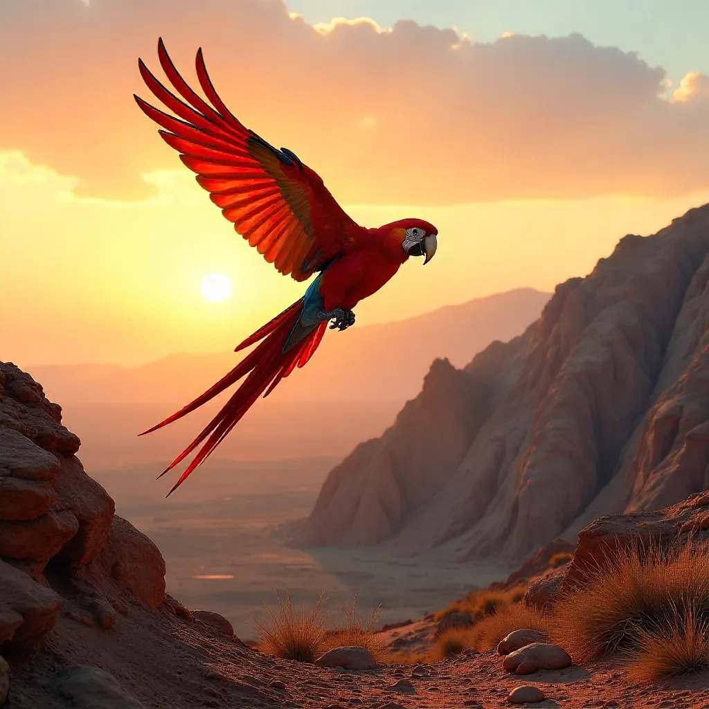 Vibrant Macaw Over Oman Sunset Peaks