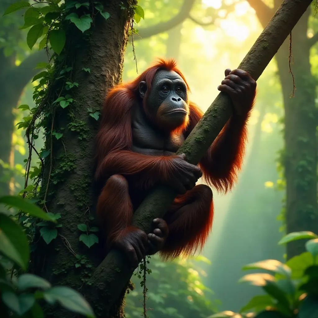 Majestic Sumatran Orangutan Among Lush Rainforest Canopy