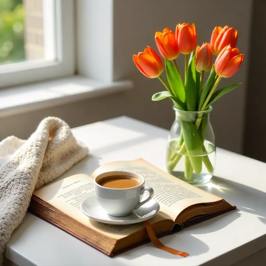 Cozy White Table: Orange Tulips, Coffee & History