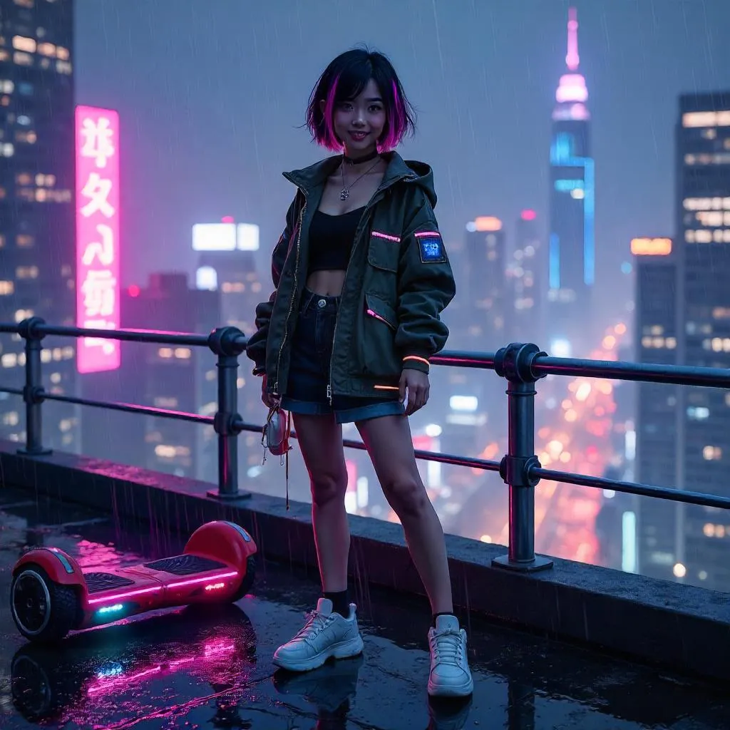 Cheerful Asian Girl on a Neon Cyberpunk Rooftop