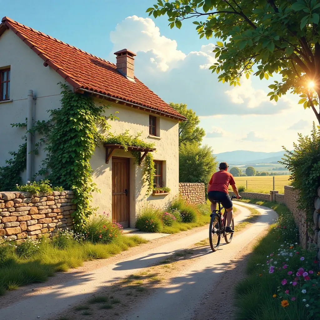 Blurred Cyclist Near Rustic Cottage in Nuova Aquitania