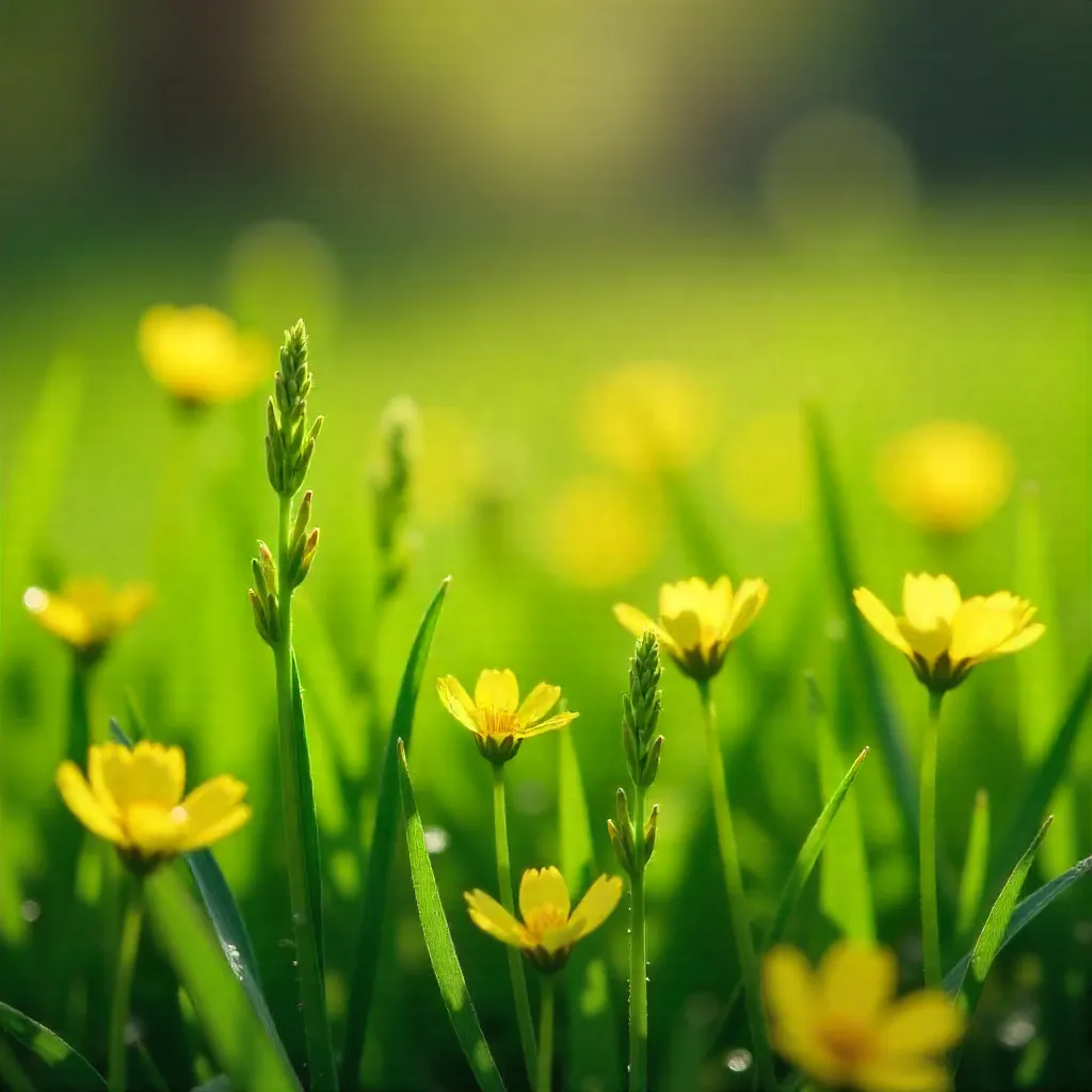 Close-Up: Green Grass with Yellow Wildflowers