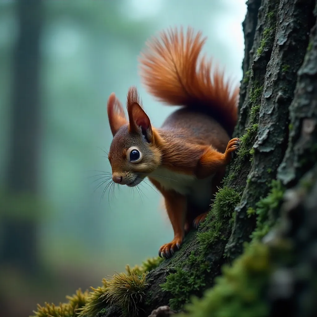 Red Squirrel on a Foggy Forest Trunk