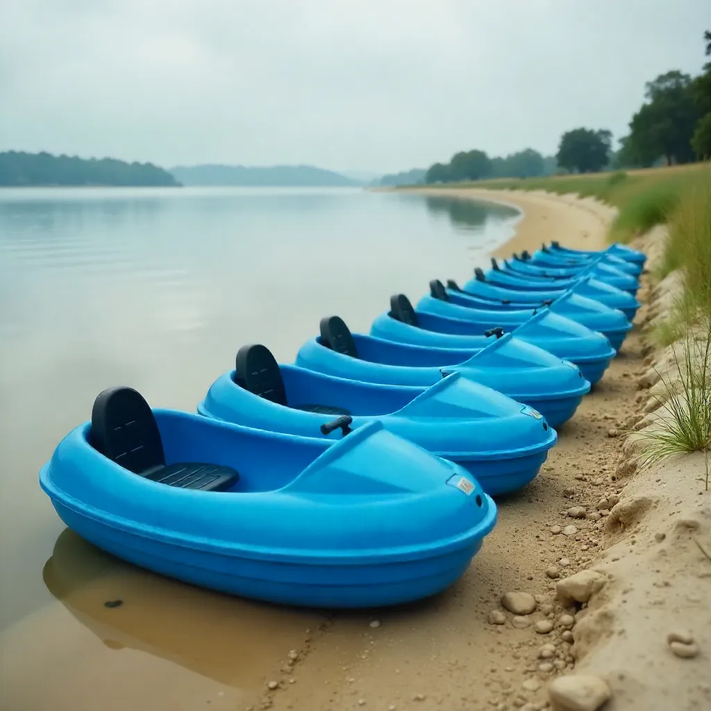 Blue Pedal Boats on a Calm Lake Beach