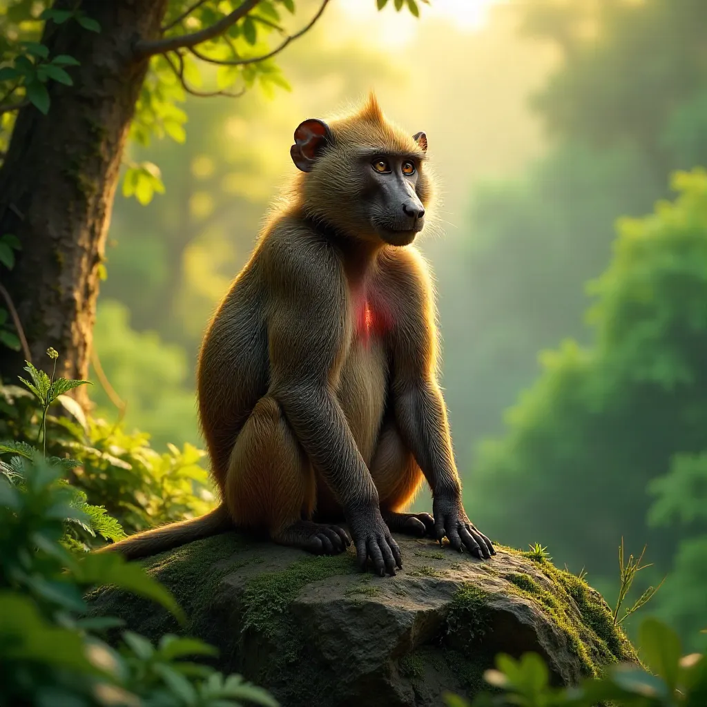 Regal Gelada Baboon on Mossy Rock in Lush Habitat