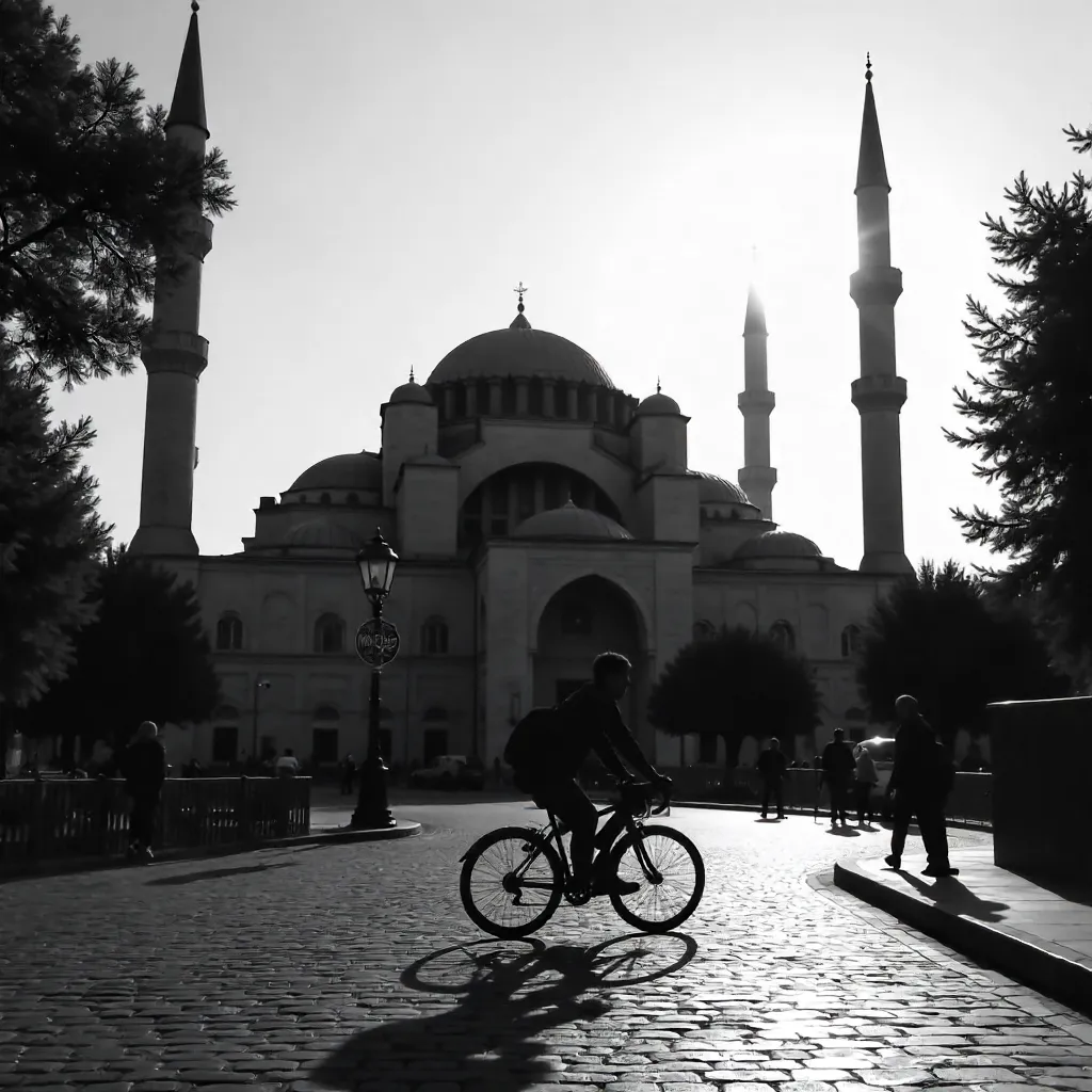 Silhouette of a Cyclist by Bursa's Historic Mosque