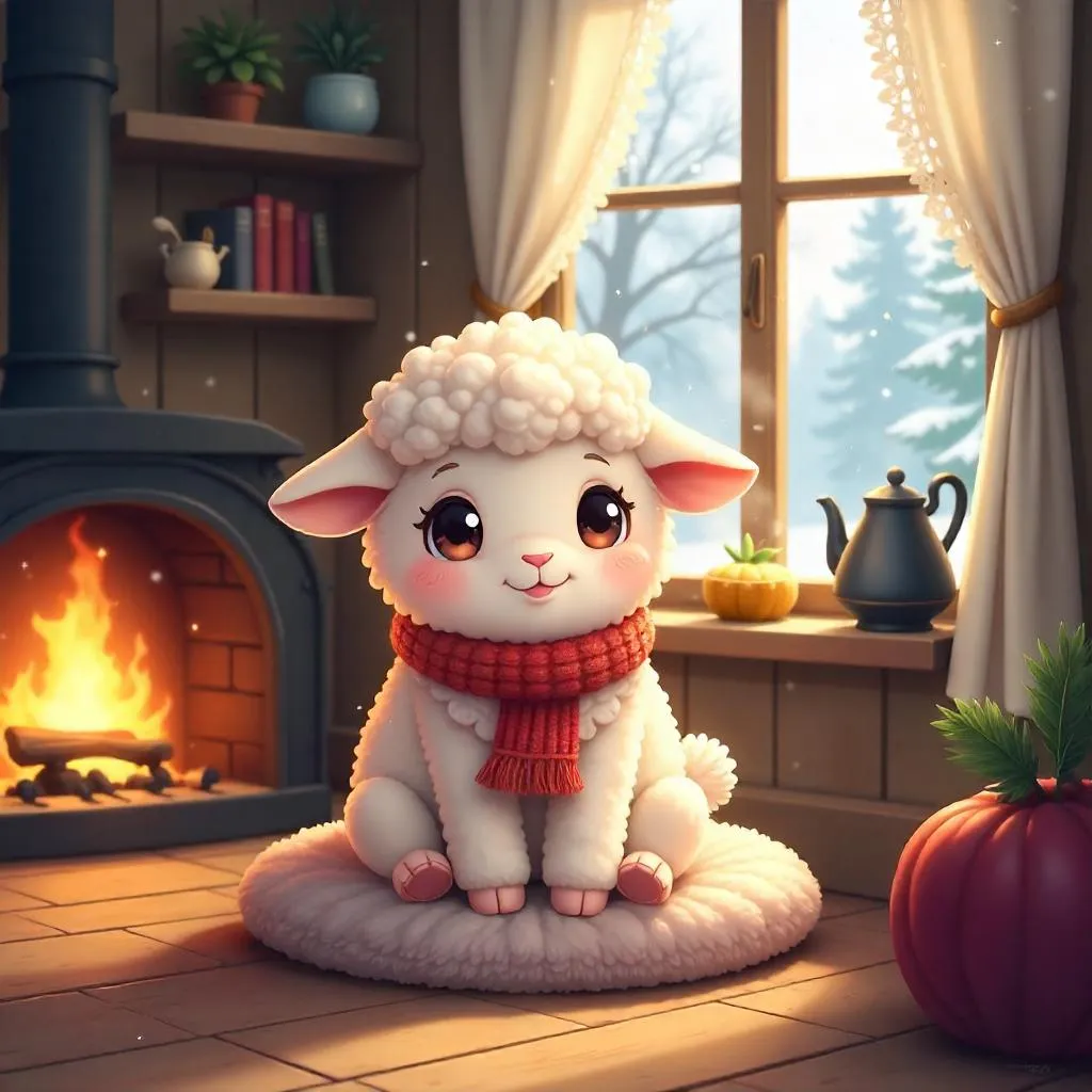 Anime Sheep in a Cozy Cottage Interior