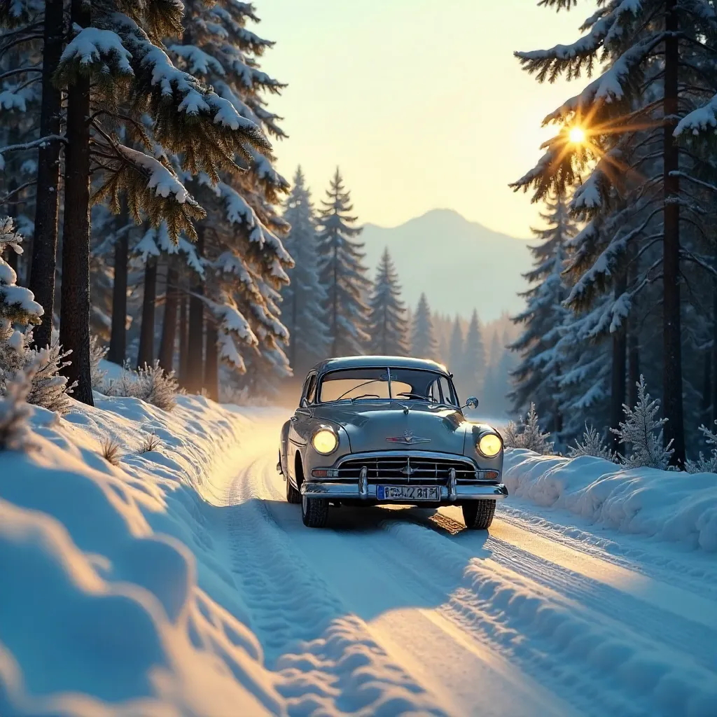 Vintage Car in a Snowbound Slovak Forest