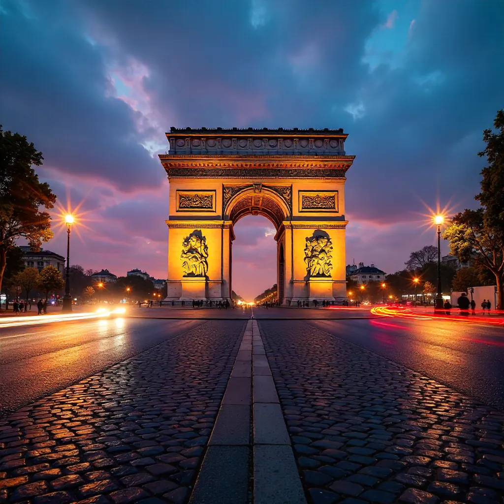 Arc de Triomphe at Dusk with Motion-Blurred Traffic