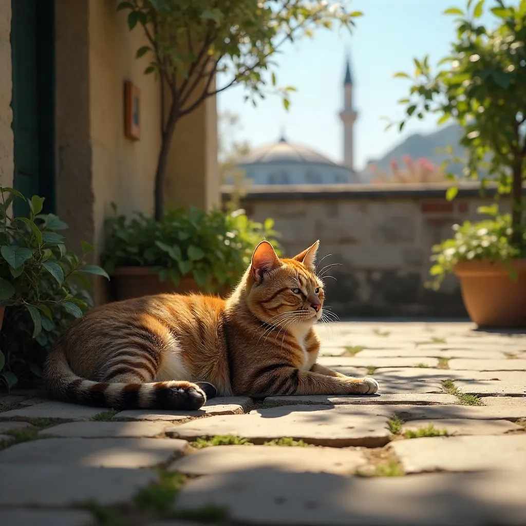 Serene Cat on a Stone Terrace Amid Istanbul's Greenery