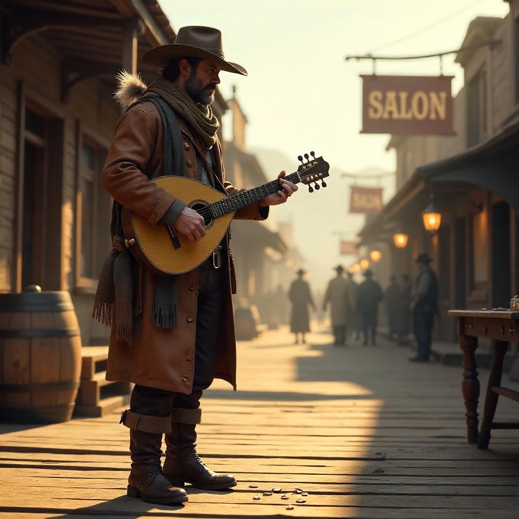 Wild West Bard in a 3D Rendered Frontier Town