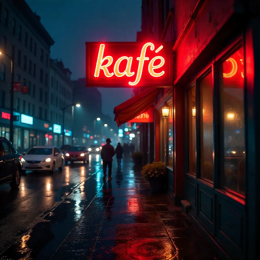 Neon Kafe Sign in Rainy Night City