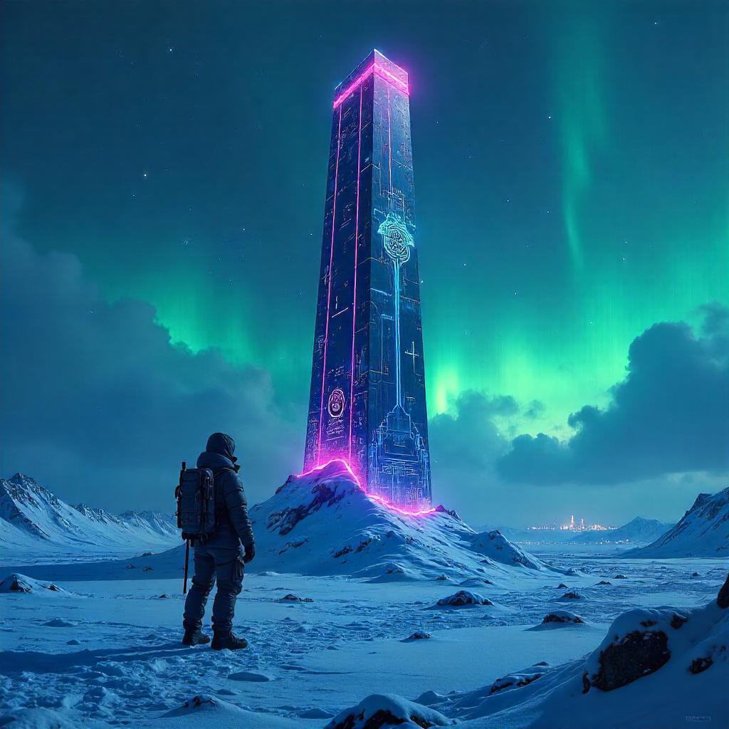 Neon Obelisk Rising in the Icy Tundra