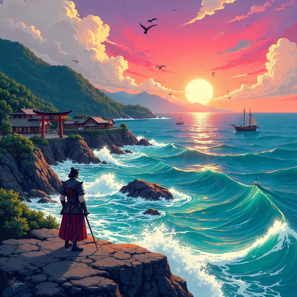 Cliffside Ocean in Feudal Japan - Anime Style