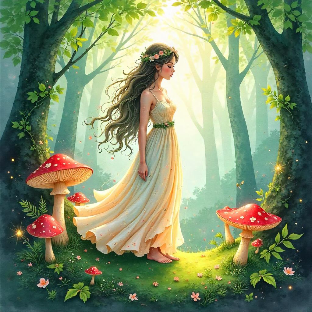 Watercolor Nymph in a Ring of Fairy Mushrooms