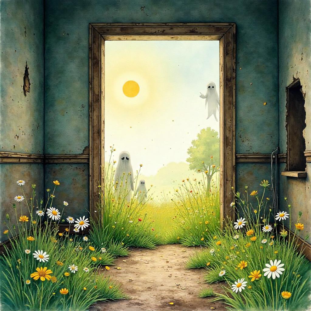 Watercolor Meadow Through a Haunted House Door