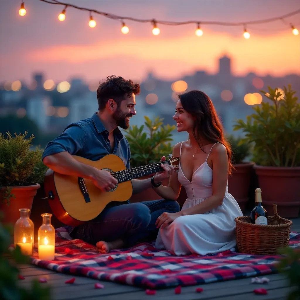 Rooftop Romance: Wine, Guitar, and Sunset Picnic