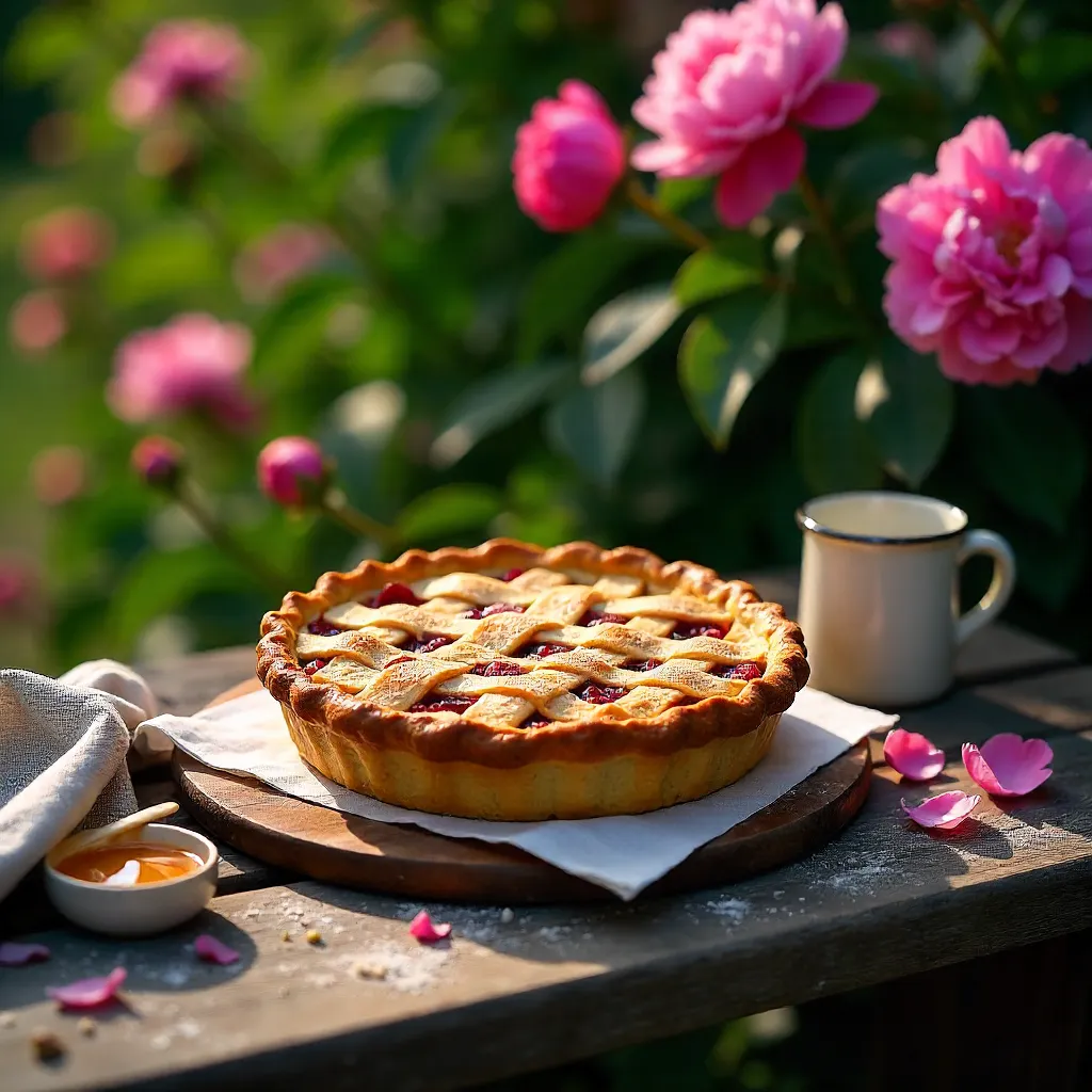 Homemade Fruit Pie on a Rustic Wooden Bench Among Pink Flowers