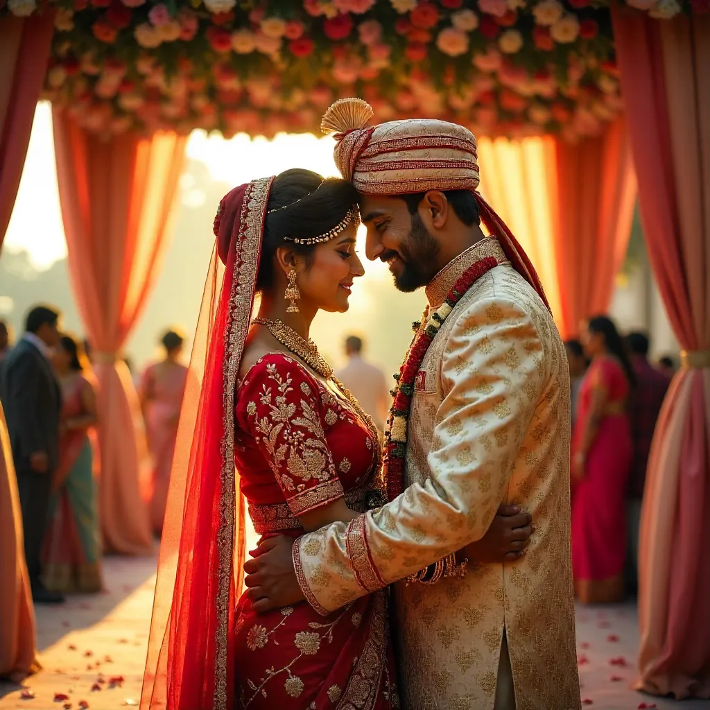 Golden Hour Embrace at a Traditional Indian Wedding