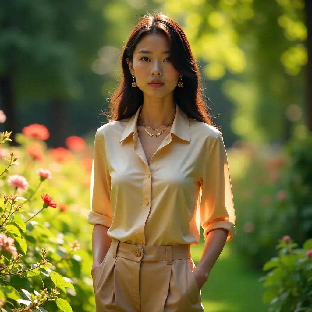 Stylish Asian Woman in a Sunlit Garden