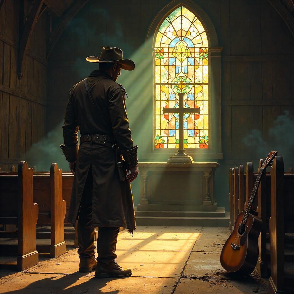 Cowboy in a Sunlit Chapel (Digital Art)
