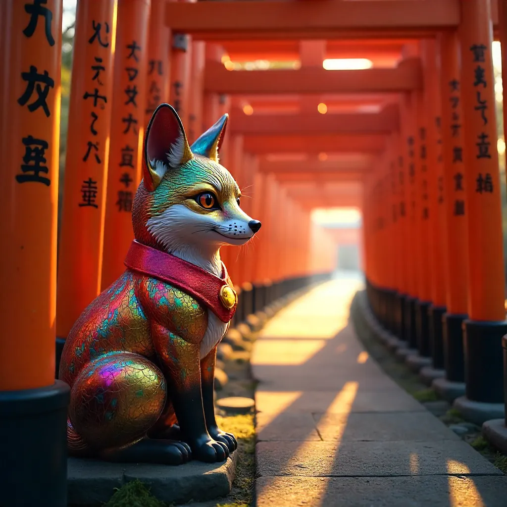 Colorful Fox Among Torii Gates at Fushimi Inari