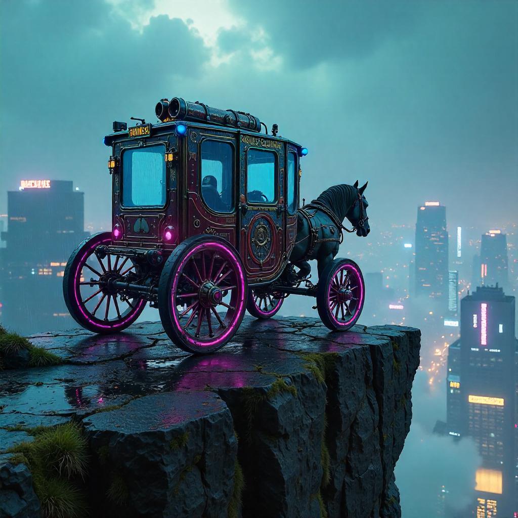 Neon Carriage on a Rocky Outcrop