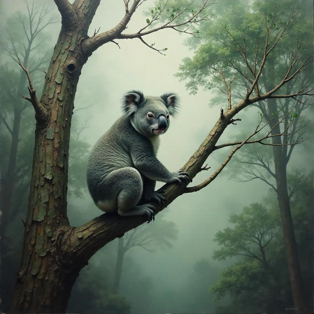 Koala Amid Dense Fog: An Oil Painting
