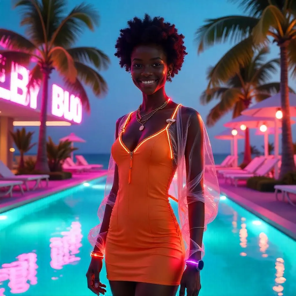 Cheerful Black Girl at a Neon Cyberpunk Resort