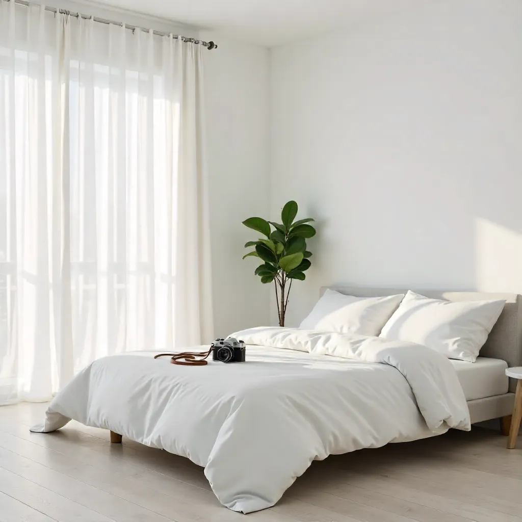 Bright Minimalist Bedroom with White Curtains and Camera on the Bed