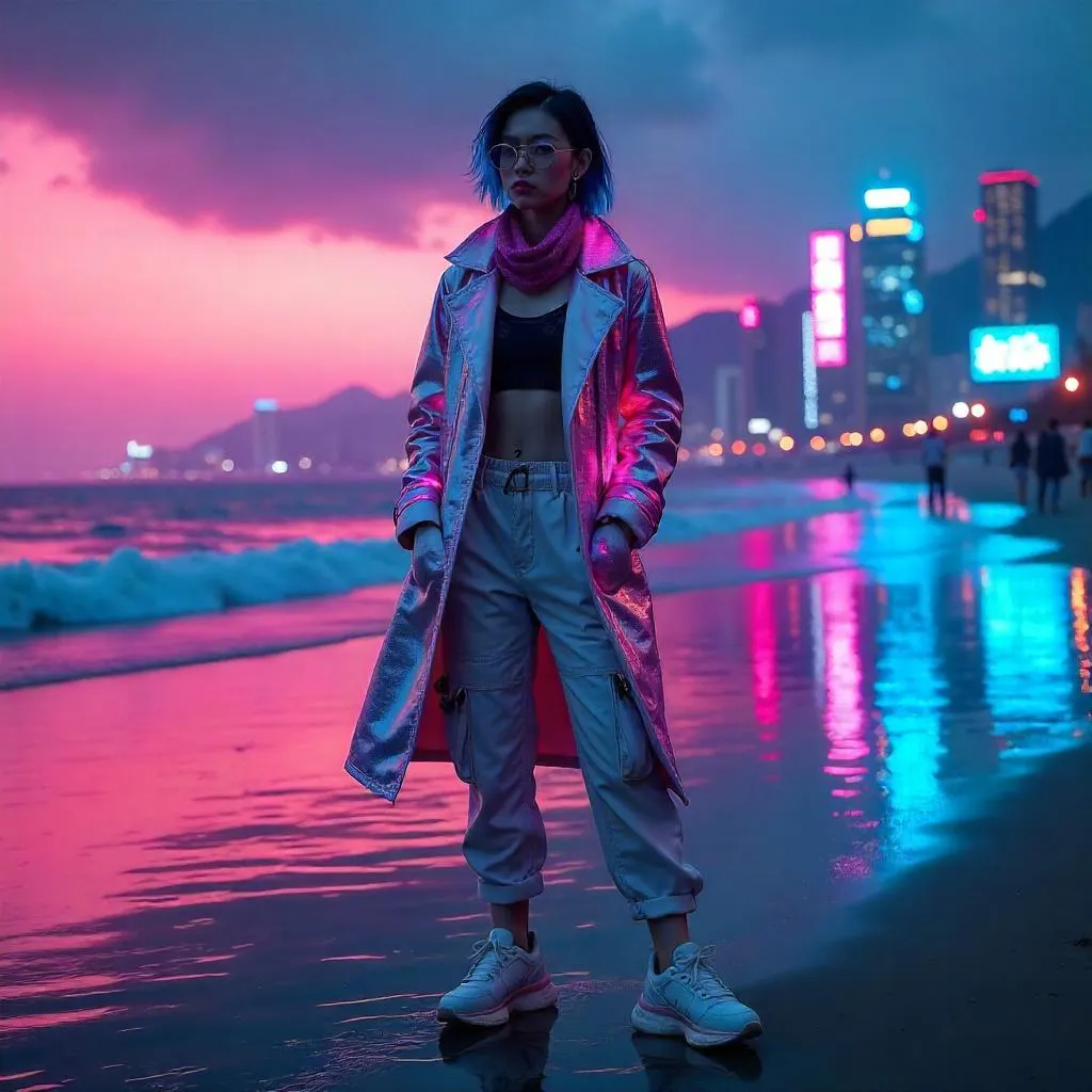 Neon Tide: Cyberpunk Beachside Fashion Portrait