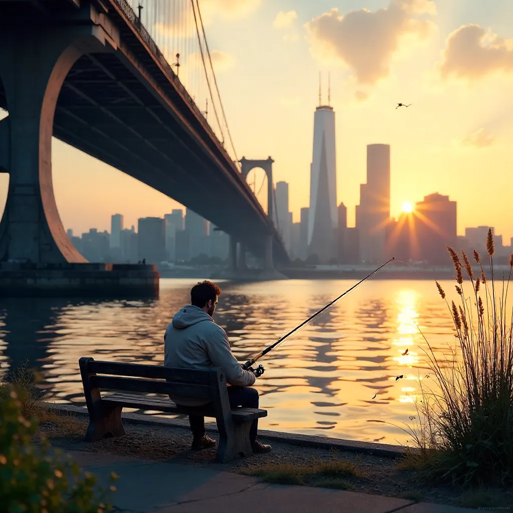 Riverside Fisher Under a Grand Bridge and City Skyline