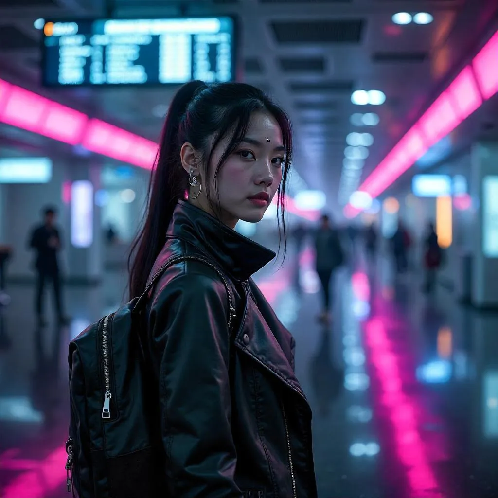 Neon Cyberpunk Airport Encounter