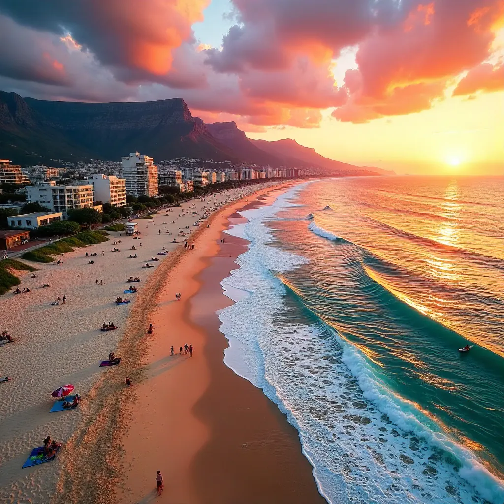 Aerial Sunset Over Cape Town Beach