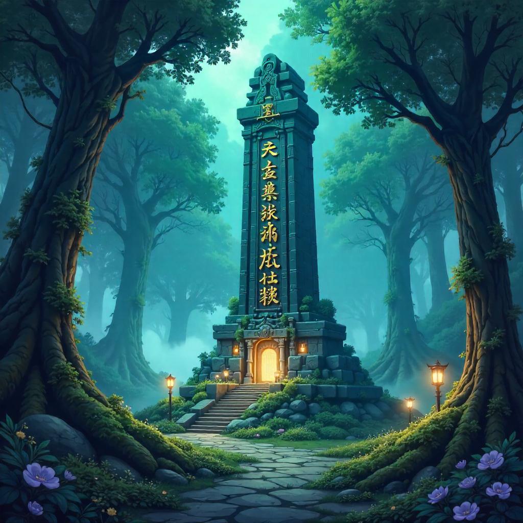 Celestial Anime Monument in Enchanted Forest