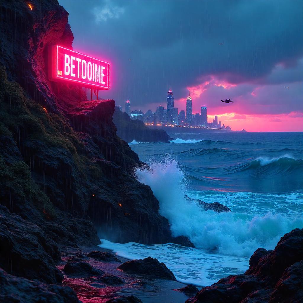 Neon Tides on Volcanic Shorefront