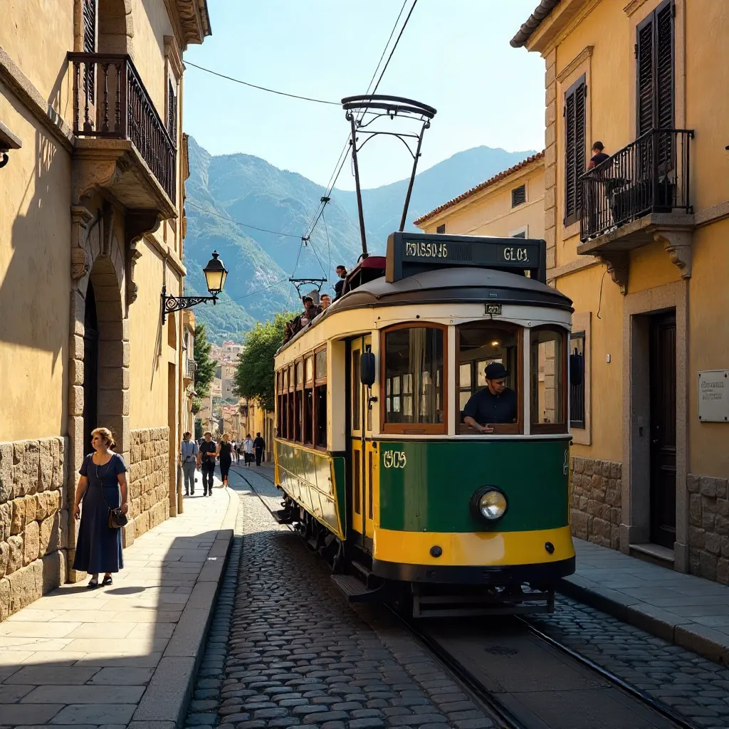 Historic Sóller Tram Before Stone Building