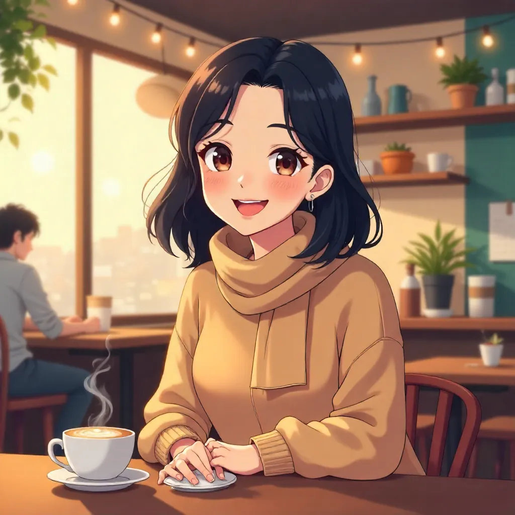 Cheerful Asian Woman in a Cozy Coffee Shop